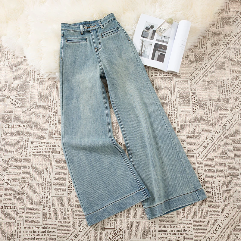 春季新款浅色高腰阔腿微喇牛仔裤女2025宽松显瘦百搭裤子9768