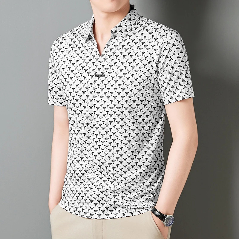 轻奢无痕T恤男士短袖翻领POLO衫2024新款夏装上衣半袖冰丝体恤衫