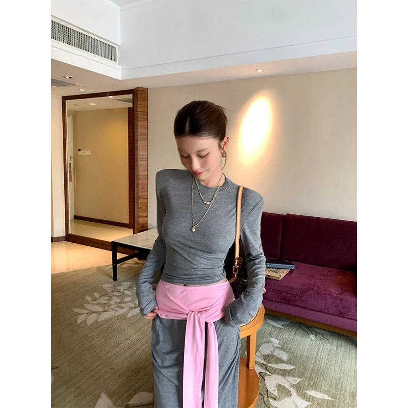 2025秋季新款韩版设计感小众修身显瘦上衣高腰绑带半身裙两件套潮