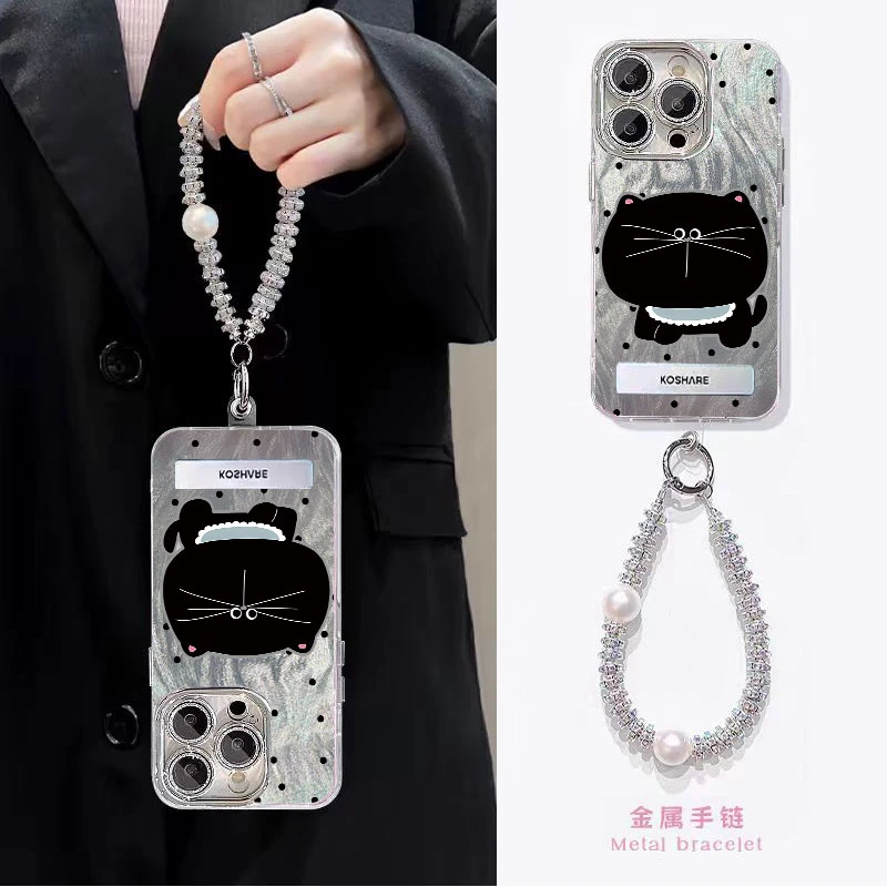 大头黑猫适用于苹果16pro手机壳可爱vivo/oppo/华为精孔羽纱支架