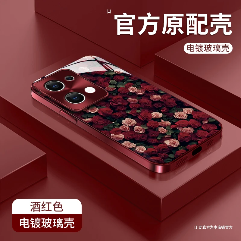 适用于opporeno13红玫瑰电镀玻璃壳防摔手机壳女款高级感保护