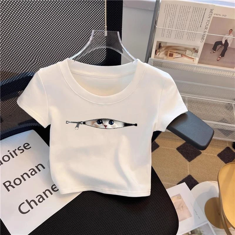 卡通猫咪短袖t恤女夏2025新款正肩设计感甜辣风修身高腰短款上衣