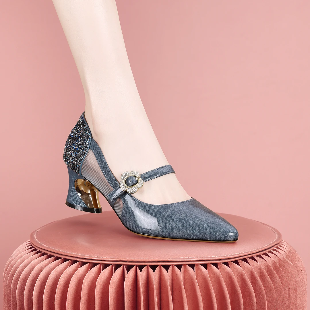 梵芮诗新款网纱透气2025夏季尖头潮流软面舒适女粗低跟单鞋-J2058