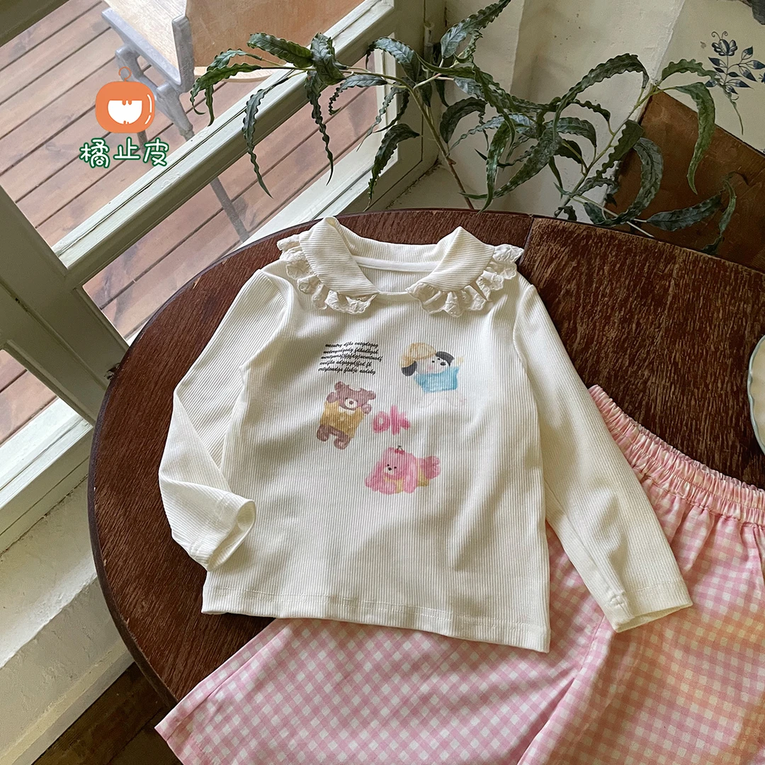 橘止皮【现货】CY257646女童打底衫2025春季水印花边领儿童长袖T恤