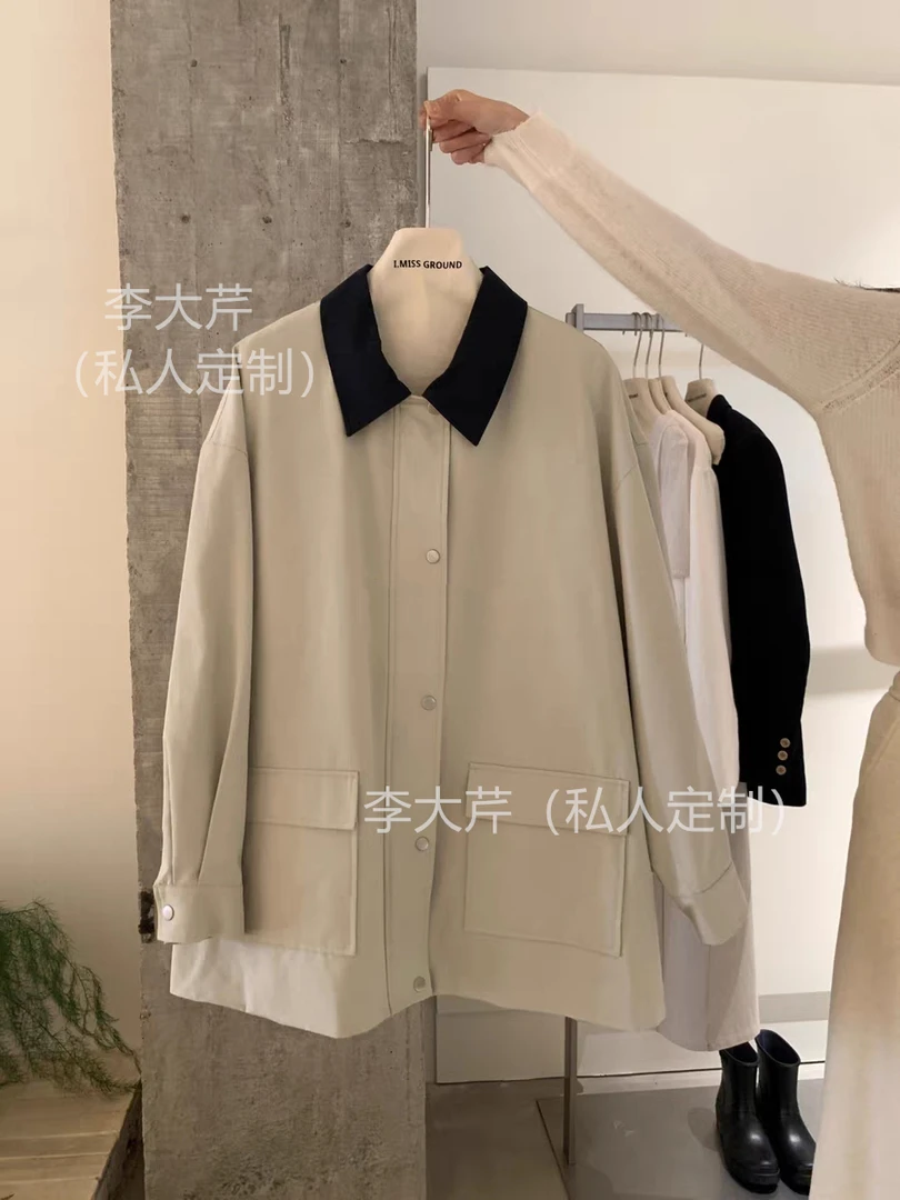 森系格子拼接翻领风衣 春季休闲时尚设计感外套
