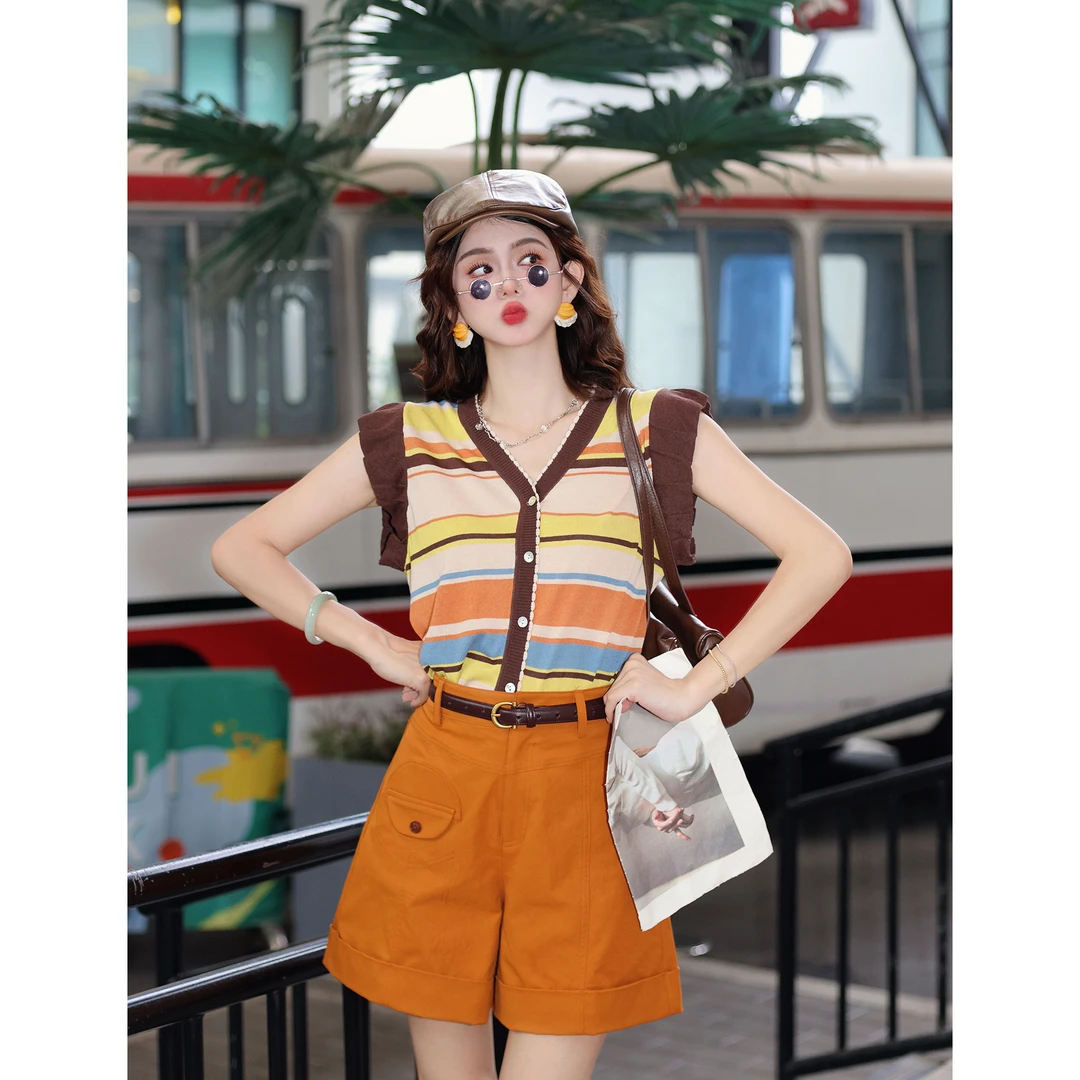 陈大器【枫影彩楼】港风复古条纹短袖针织开衫宽松上衣JO1218192