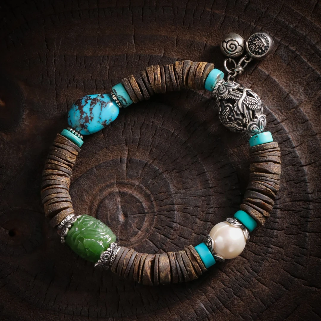 925银手链 柒 S10647 仙鹤圆珠铃铛随形蓝珠圆片弹力手链手串