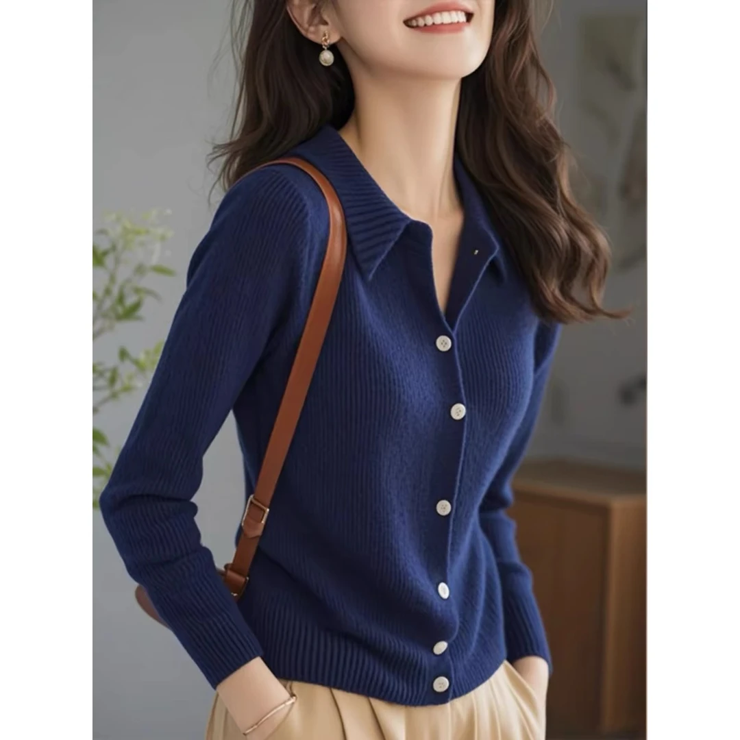 深蓝色Polo领针织衫上衣秋装女款2024年新款独特别致修身显瘦小衫