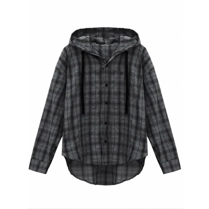 C82 慵懒晚波蓝轻薄透气连帽长袖撞色格子防晒衬衫男外套开衫潮