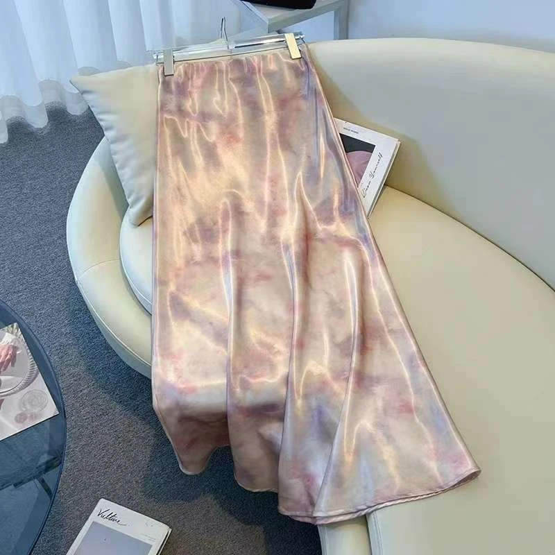 紫色晕染醋酸缎面鱼尾裙女夏季2025新款法式温柔裙醋酸半身裙子