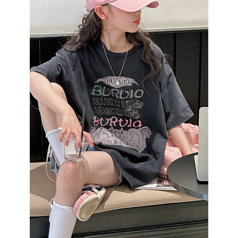 K28697孙小美磨损涂鸦女童短袖T恤儿童上衣2025新款夏装半袖t