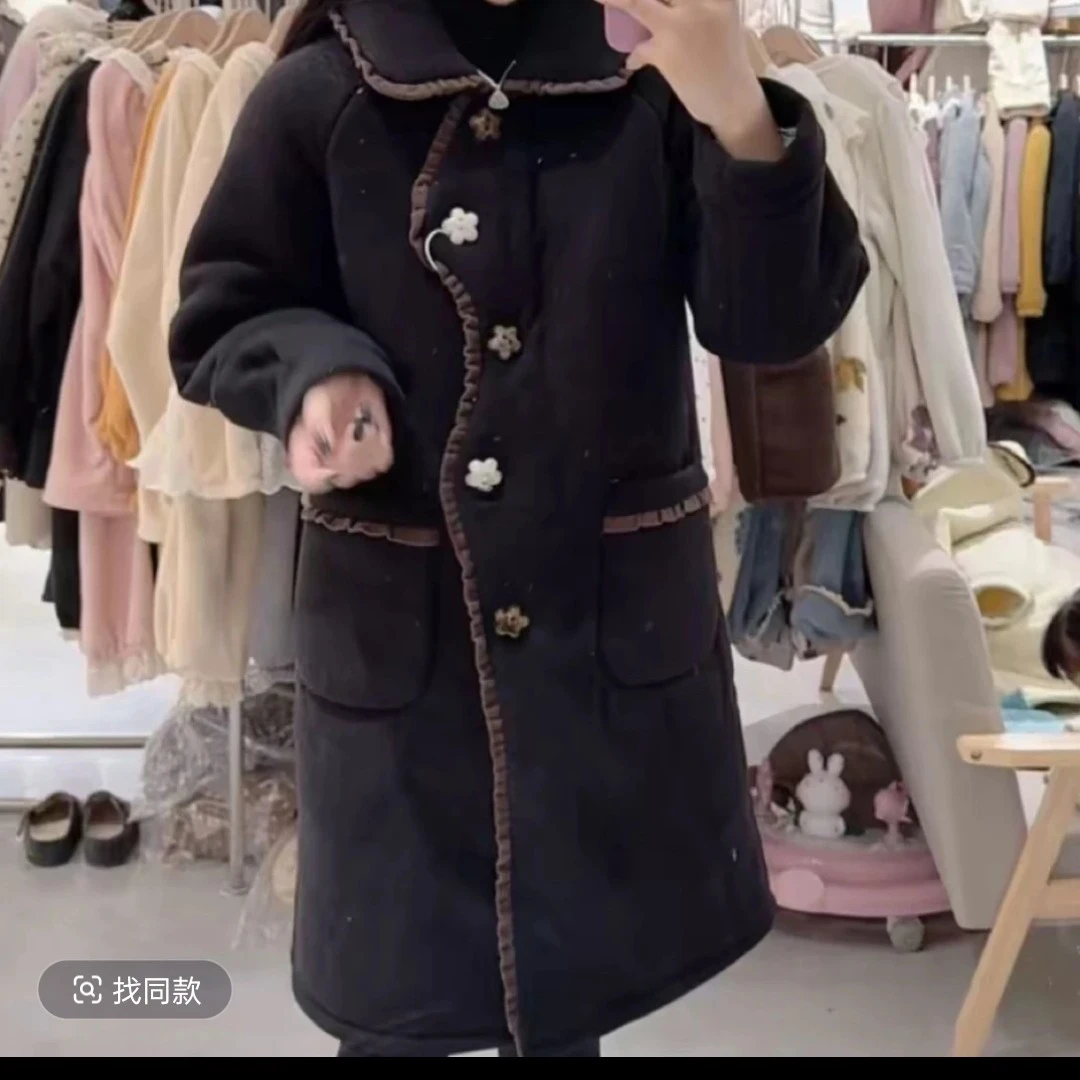 有弹性连帽不褪色冬季女翻领睡衣加厚毛呢加绒气质