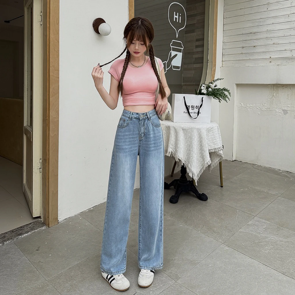 小个子夏季薄款窄版显瘦莱赛尔阔腿直筒牛仔裤211