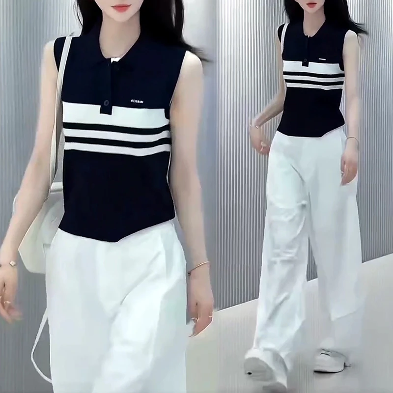 法式洋气POLO领针织衫无袖背心阔腿工装裤女2025夏季新款时髦套装