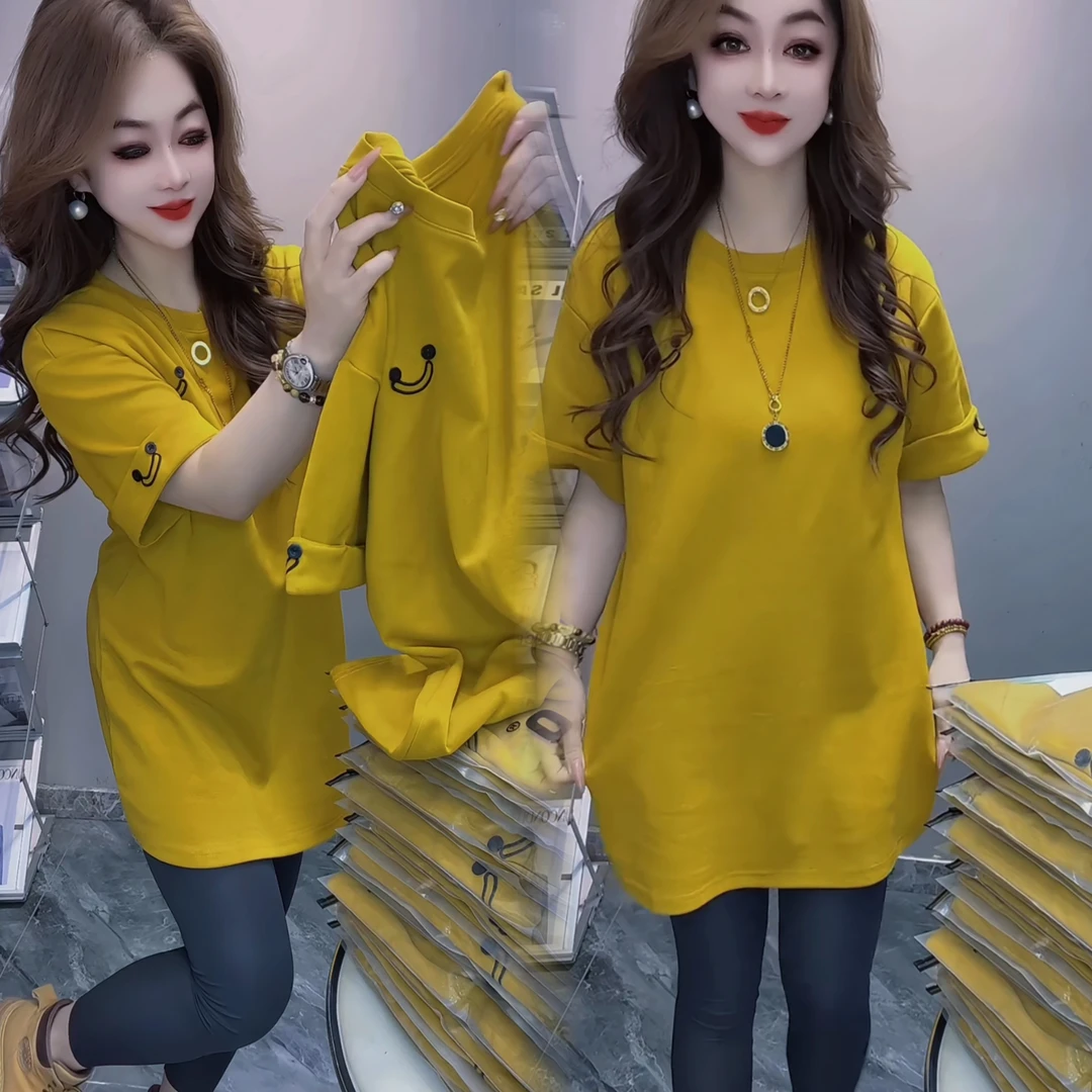 中长款纯色刺绣休闲笑脸t恤女宽松新款显瘦上衣圆领韩版