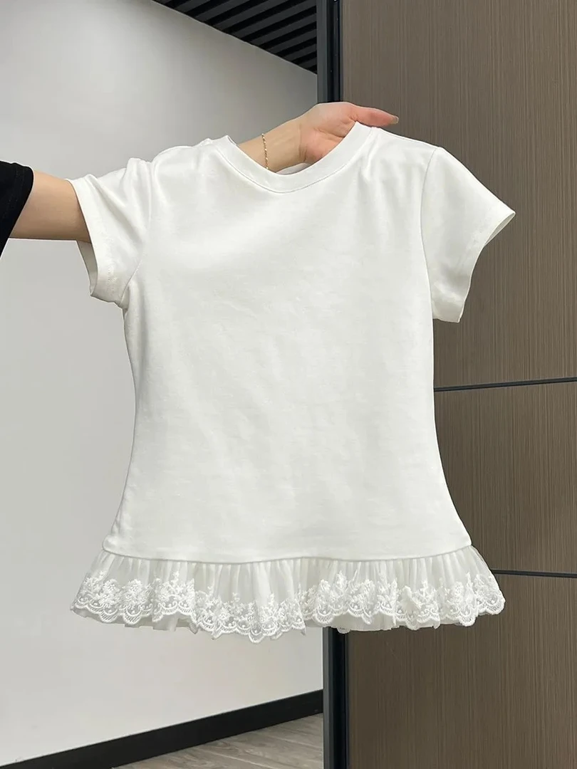 法式蕾丝白色花边圆领短袖t恤女装夏季新款内搭叠穿打底衫上衣女