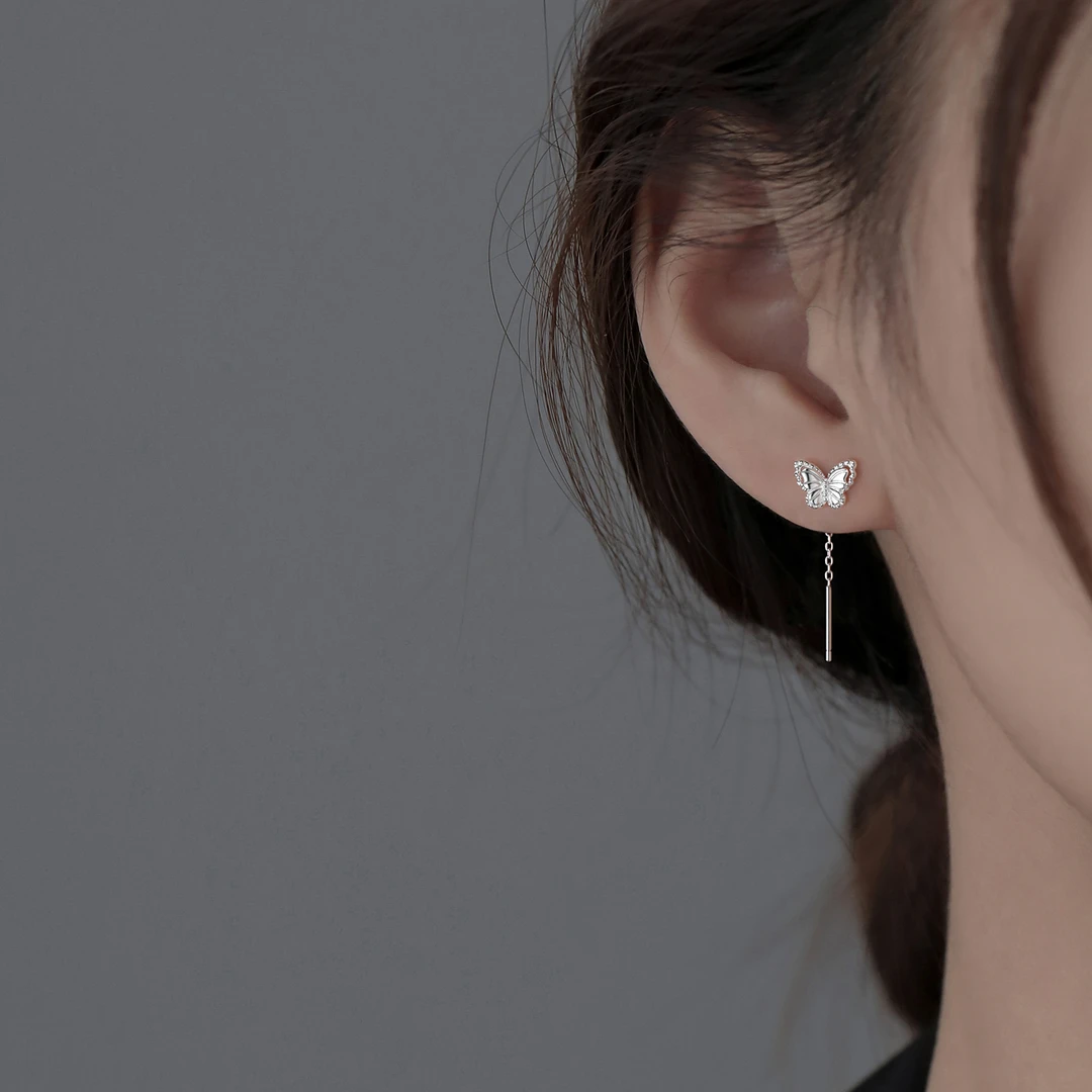 足银耳饰 999纯银蝴蝶耳线小众精致甜美耳环气质清新设计感耳钉女