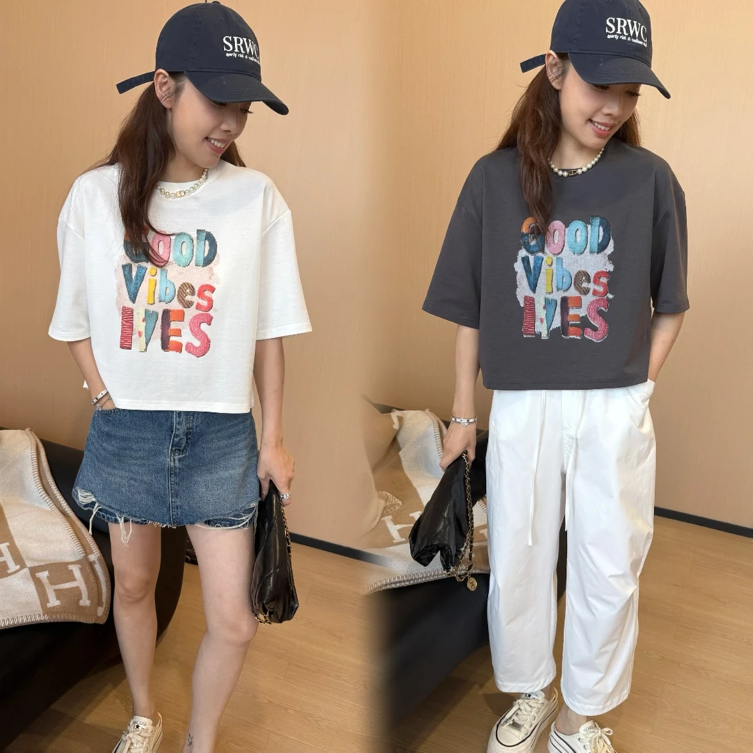 二姐的宝藏韩版宽松百搭彩色字母印花后背拼接蕾丝圆领T恤#25173