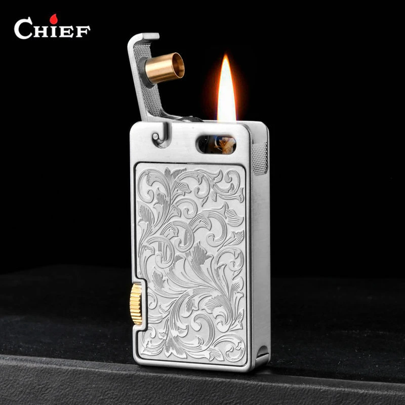 CHIEF首领煤油打火机创意一键按压弹射点火精雕唐草个性复古创意