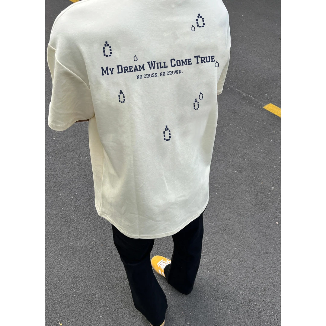 100%纯棉美式高街个性雨滴字母印花短袖T恤夏季男女休闲情侣上衣