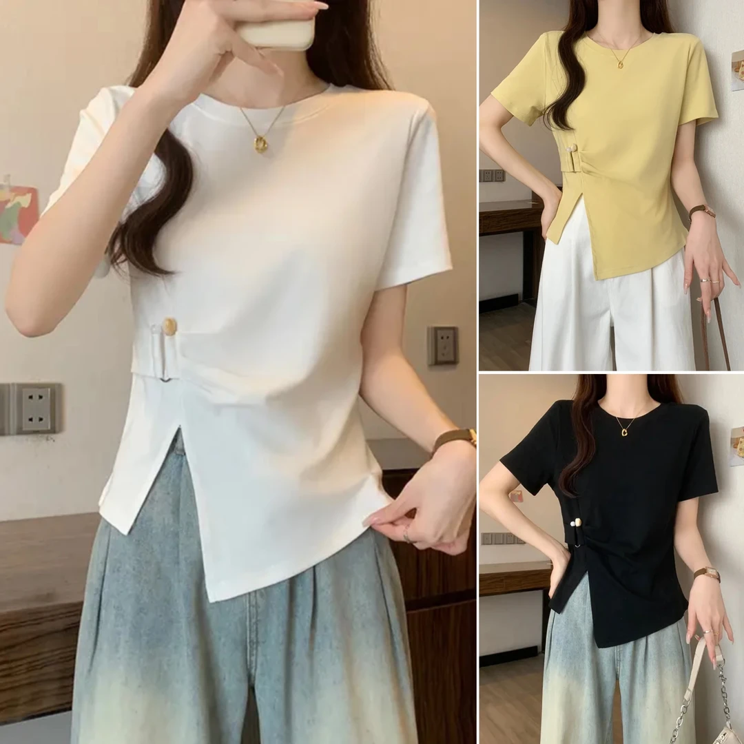 夏季法式减龄圆领短袖T恤女开叉不规则半袖设计感上衣2517