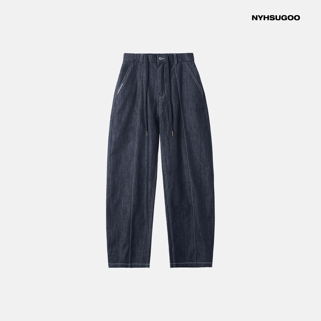 NYHSUGOO/南乙3546春季新品设计款男士线绣开腰休闲裤蓝色百搭