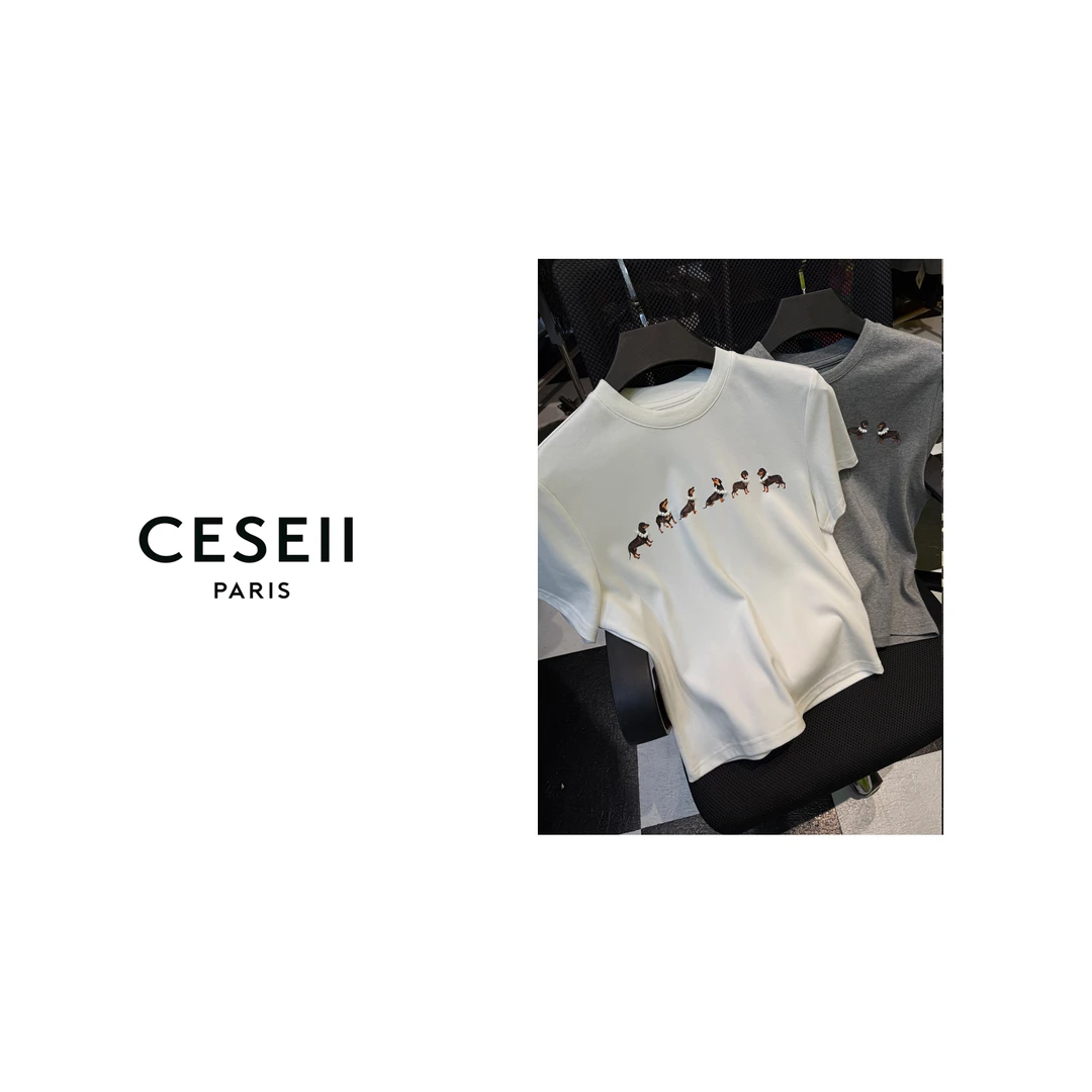 【25XJ137】2025春夏新款珍妮同款腊肠小狗订珠高版纯棉T洋气衣服女