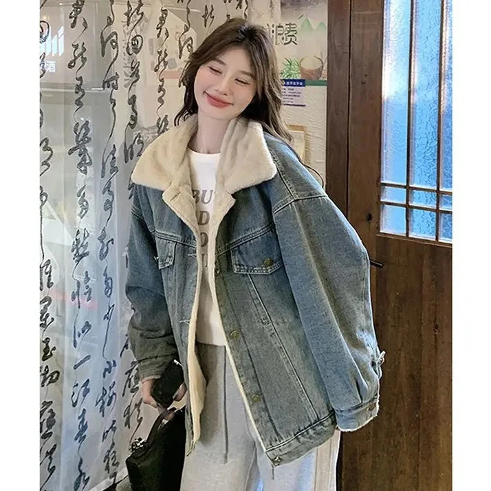 加绒加厚牛仔外套冬装新款2025韩版宽松棉衣休闲派克服夹克上衣