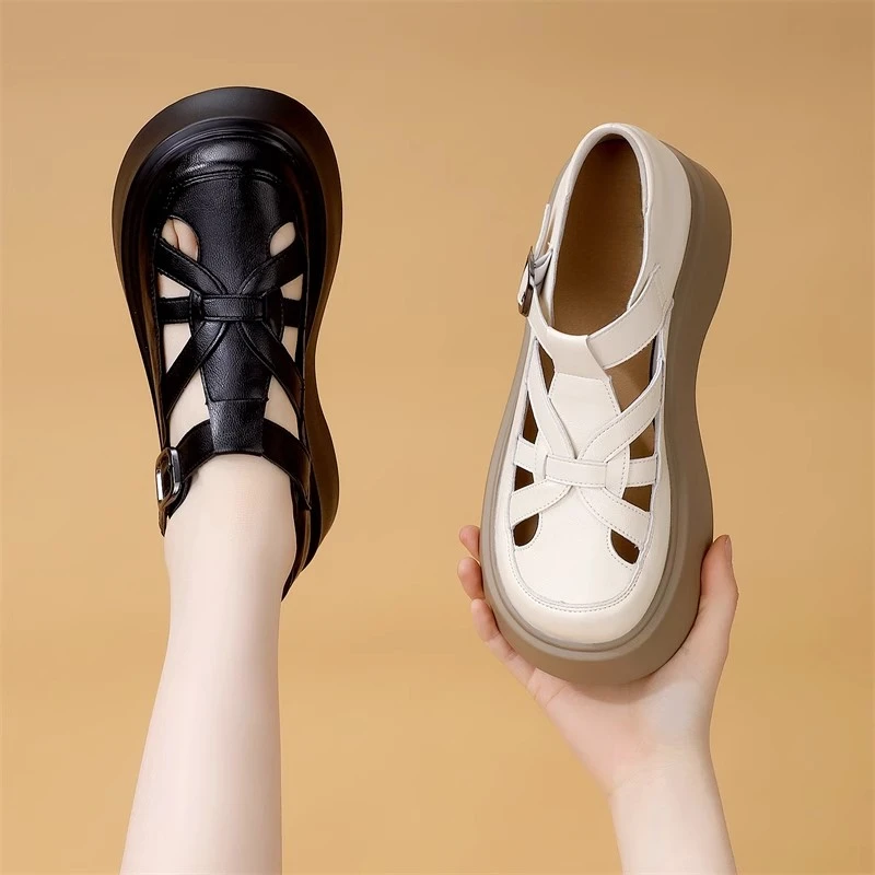 时尚镂空凉鞋女夏季2025年新款包头休闲凤厚底透气防滑罗马鞋