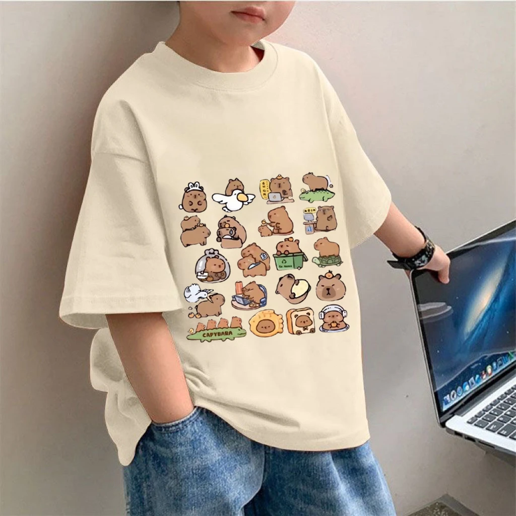 卡皮巴拉t恤儿童短袖衣服卡通可爱宽松上衣纯棉夏季男女童半袖