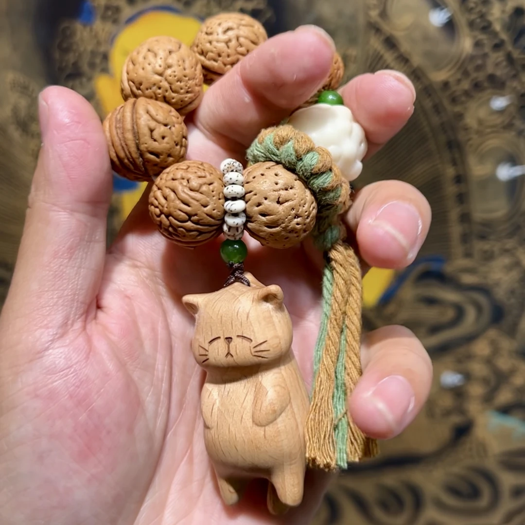 非金属木质手链 慵懒风小猫桃核手捻