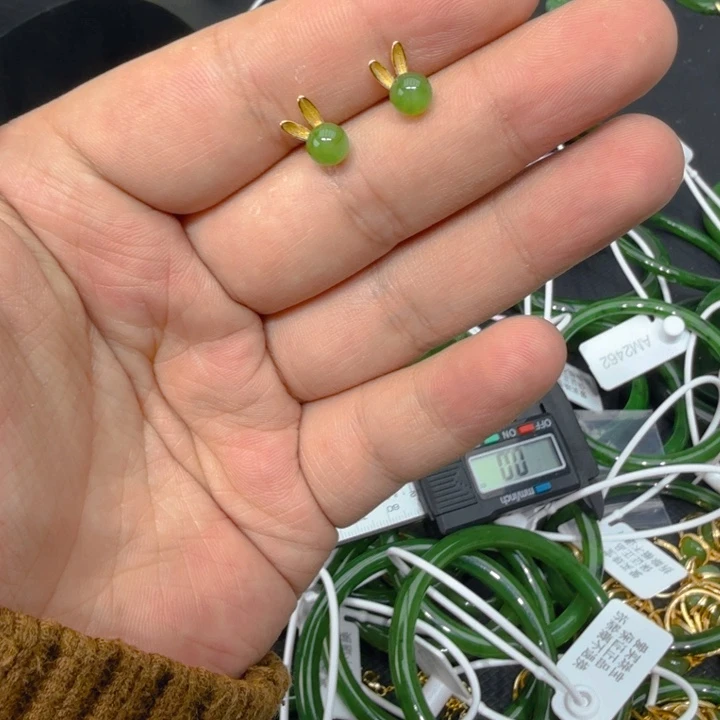 和田玉（碧玉）耳饰银S925镀金镶嵌