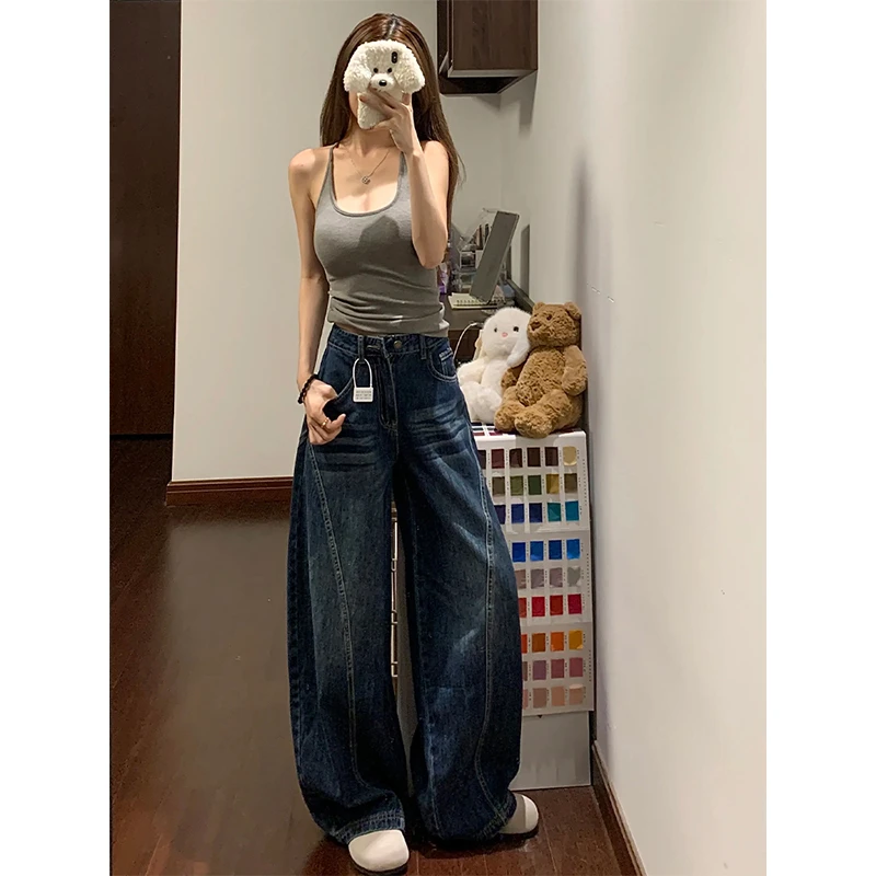 美式复古低腰设计感牛仔裤女夏季水洗做旧宽松显瘦拼接阔腿拖地裤