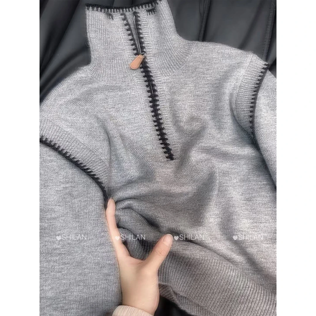 冬季新款 【皮标拉链】 高领套头宽松长袖纯色长袖针织毛衣外套