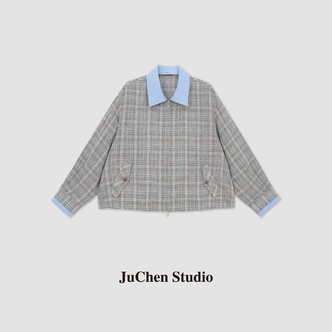黑标线早春文艺设计感亚麻色织格纹翻领外套 SS123516“藤井树”