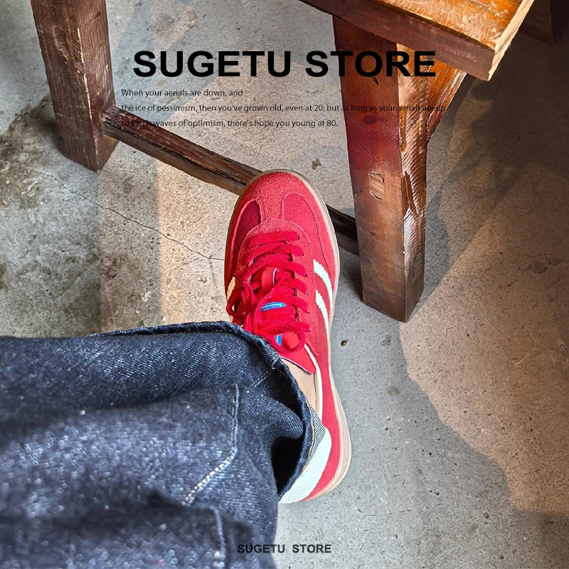 正红色真皮德训鞋女秋复古内增高软底休闲运动板鞋平底美式鞋子潮