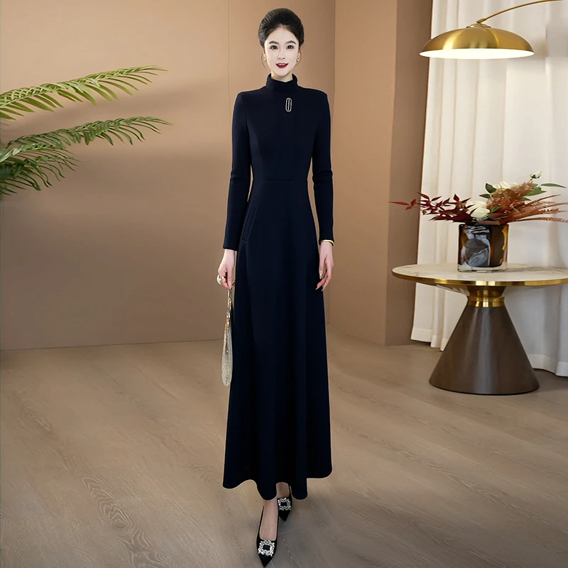 高腰秋冬礼服长袖冬季连衣裙长裙复古显瘦高级高贵气质裙子263