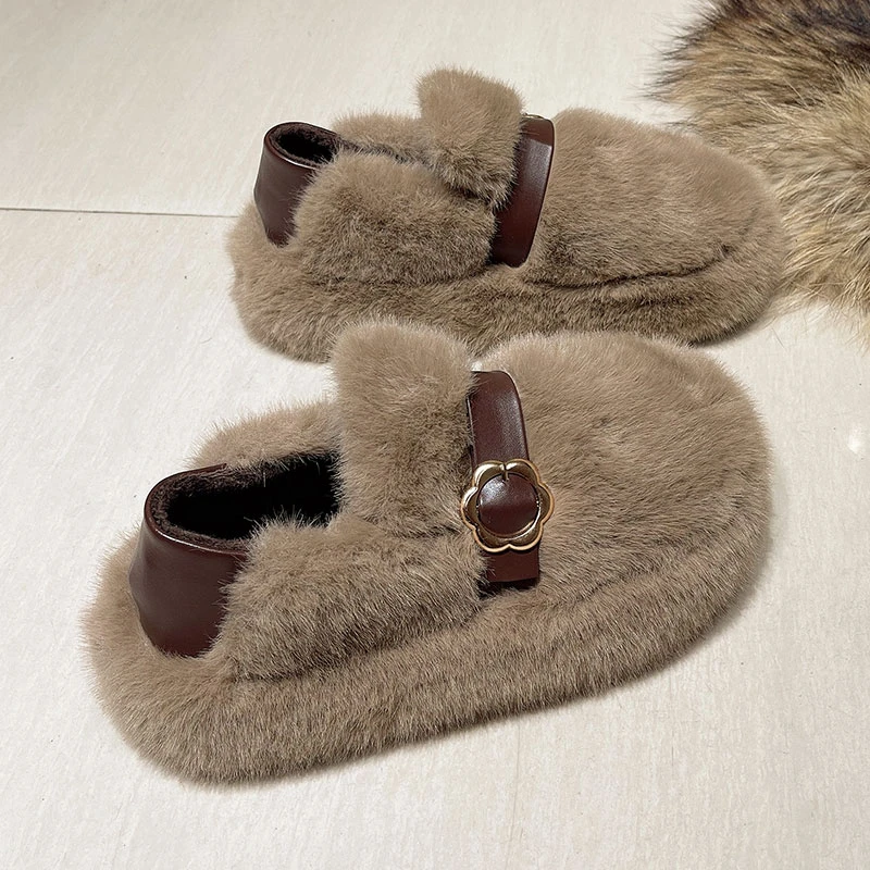 两穿毛毛鞋女2025年新款秋冬季厚底增高皮带扣加绒保暖一脚蹬棉鞋