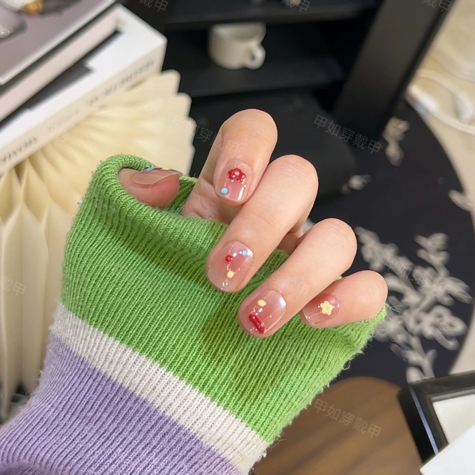 【短款】夏日多巴胺小花猫眼穿戴美甲假指甲美甲贴片全尺码