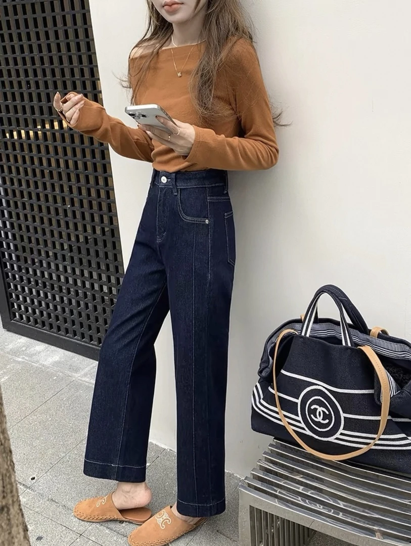 1544-薄款显瘦弹力高腰阔腿裤女2025夏季九分宽松直筒牛仔裤