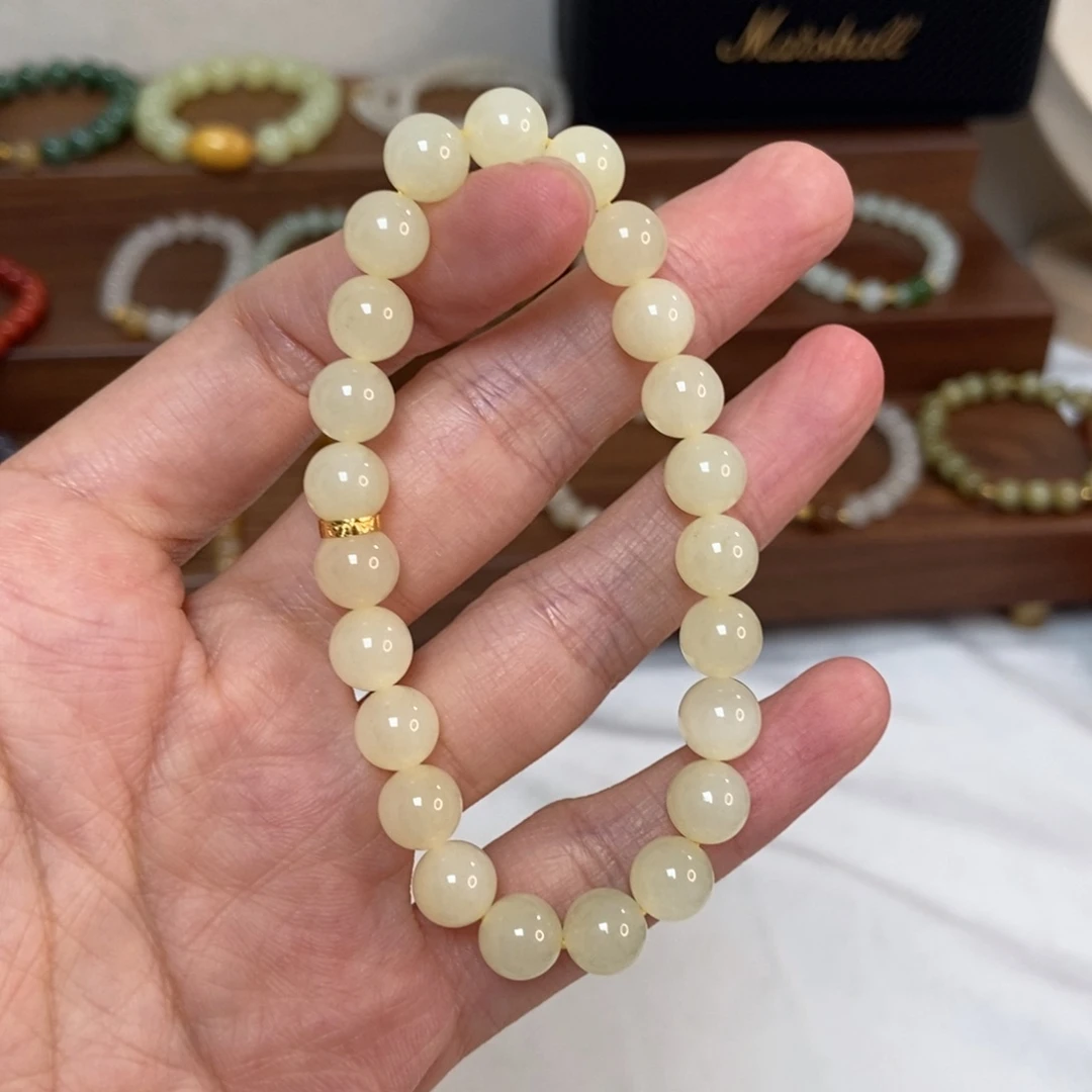 和田玉银S925镶嵌手链福利8mm黄口