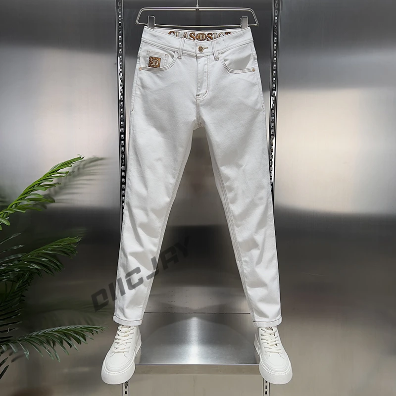 【高端】美式轻商务高品质牛仔裤白金色修身合体小直筒长裤+九分裤