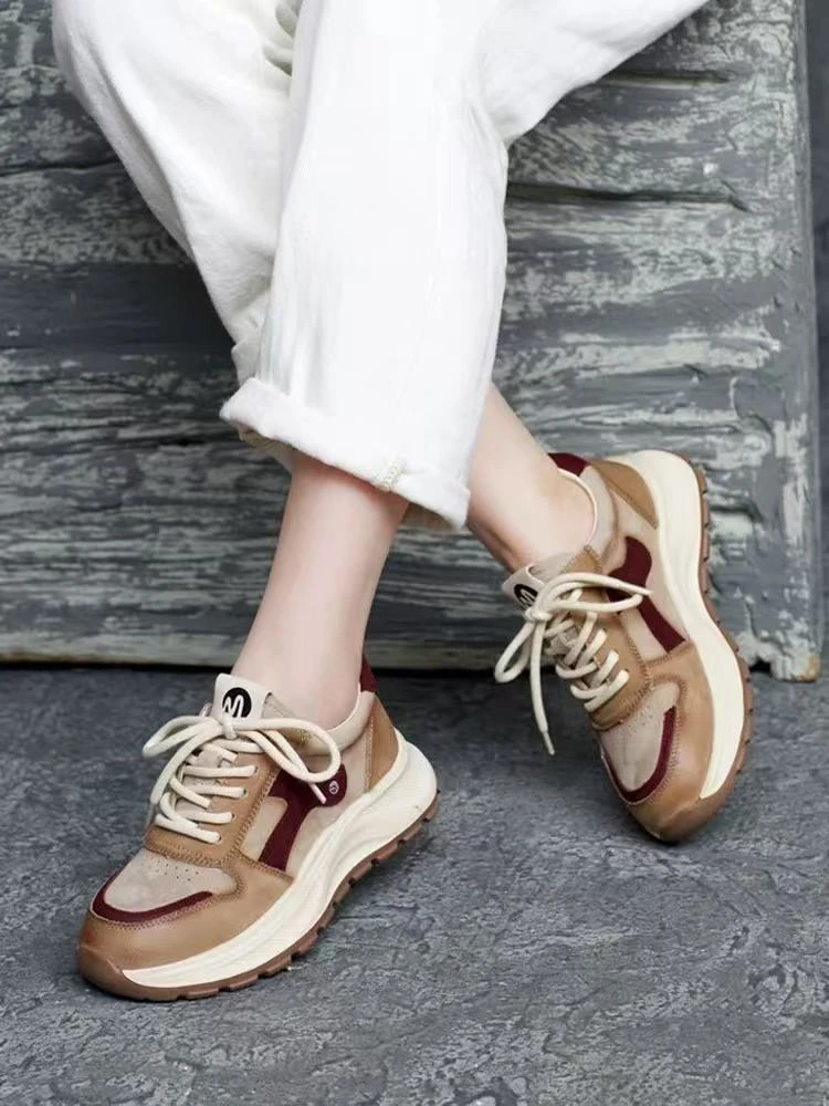 【麦丝】休闲时尚百搭复古系带厚底拼色真皮老爹鞋 GZX-2083