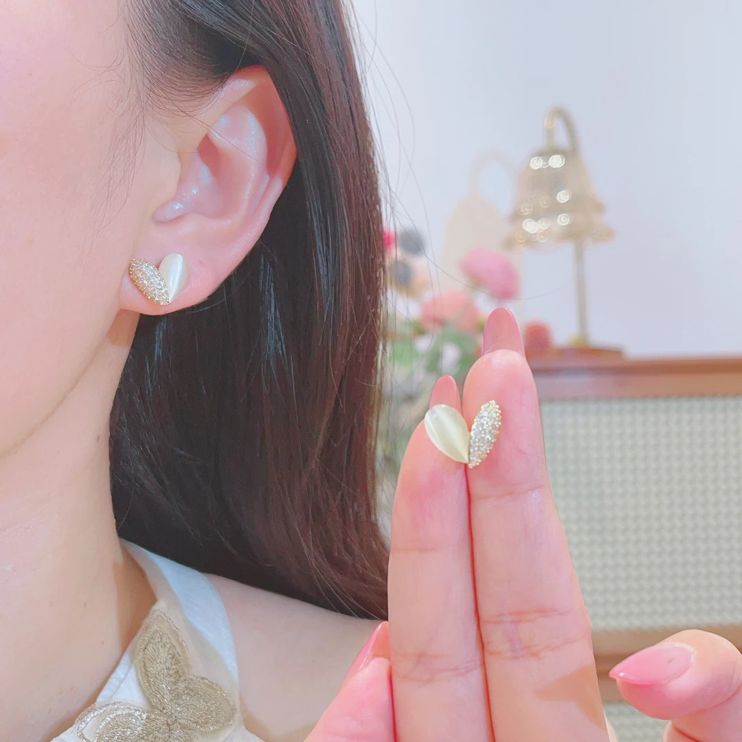 925银针猫猫石爱心森系夏季小清新通勤百搭款耳钉-452