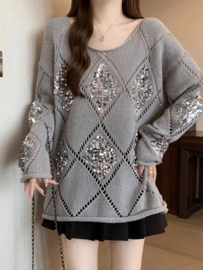 【H32】秋冬新款独特亮片打底长袖针织衫女装宽松慵懒风毛衣上衣