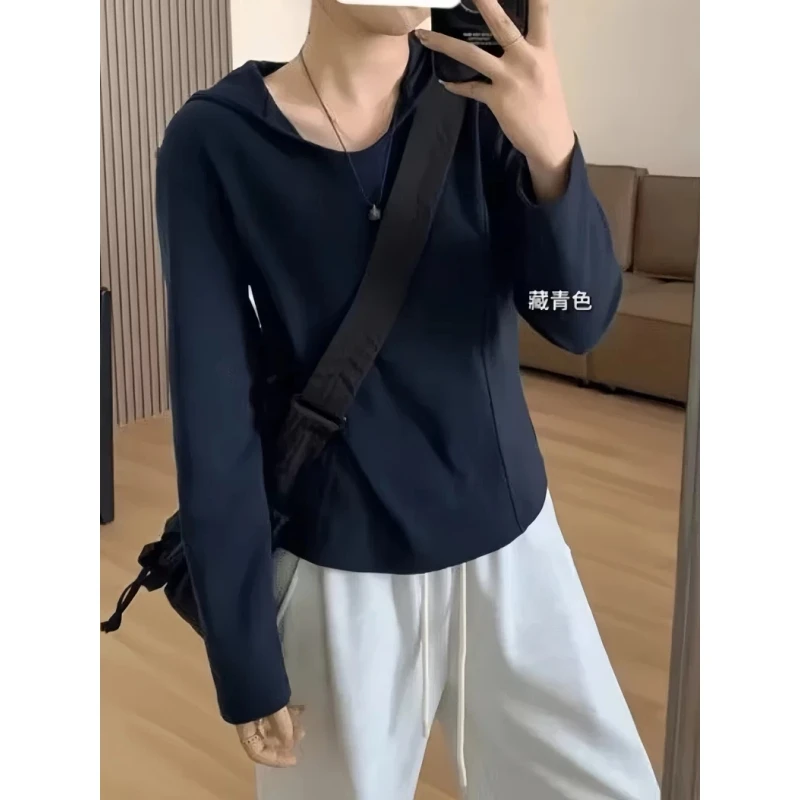 大码时尚休闲连帽长袖T恤女2025年秋季新款显瘦打底宽松纯棉上衣