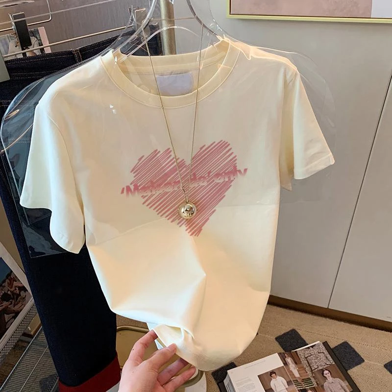 爱心纯棉正肩短袖t恤女2025年新款夏季时尚百搭减龄显瘦圆领上衣