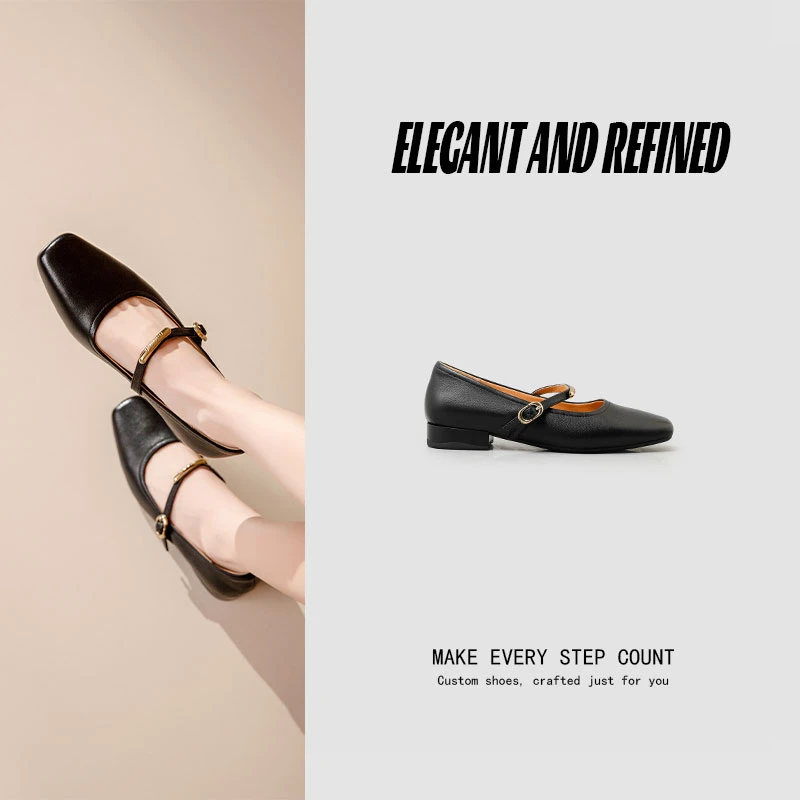 真皮方头玛丽珍法式低跟软底单鞋女新款时尚气质百搭一字带复古
