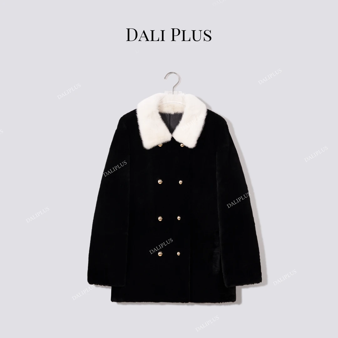 DALI PLUS“西班牙进口美利奴皮毛一体”水貂毛领拼接皮草-D5SZ8258