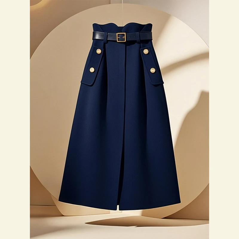 法式轻奢高级感气质女神范收腰藏青色半身裙小个子减龄高腰a字裙